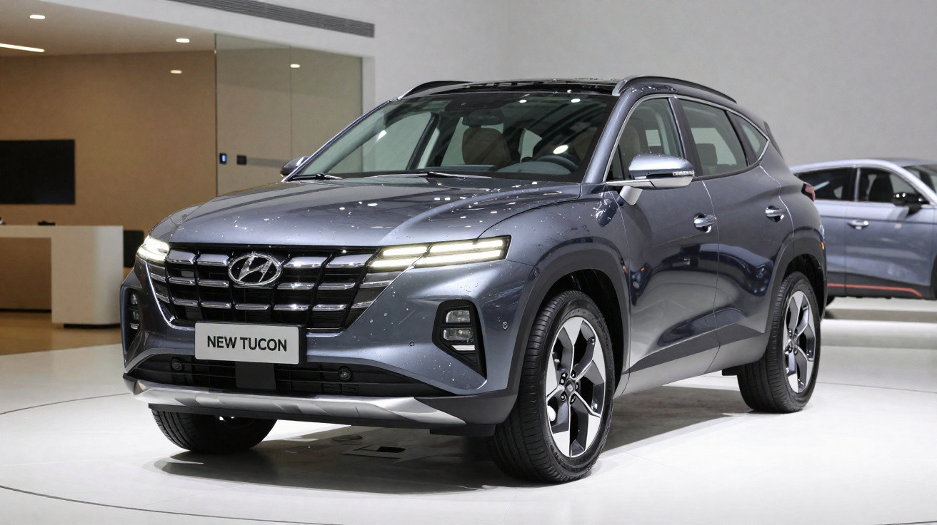 Carro SUV cinza Hyundai New Tucson exibido em showroom iluminado, vista frontal direita.