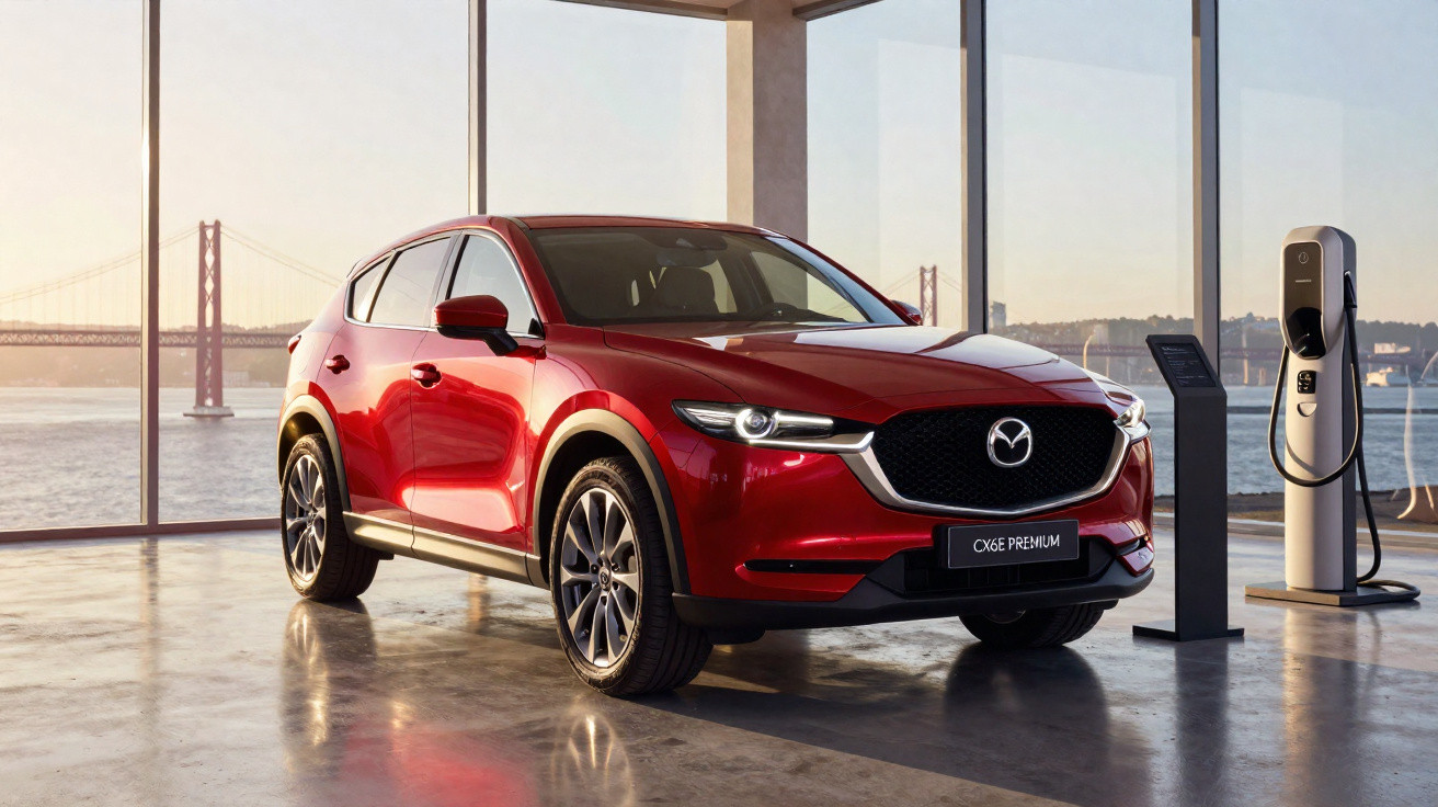 Carro elétrico vermelho Mazda CX-60 Premium em showroom moderno com vista para ponte e carregador elétrico.