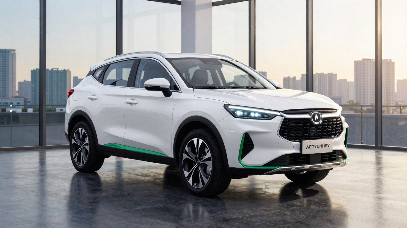 SUV branco Acura Actyon HEV em showroom com iluminação natural e vista de prédios urbanos ao fundo.