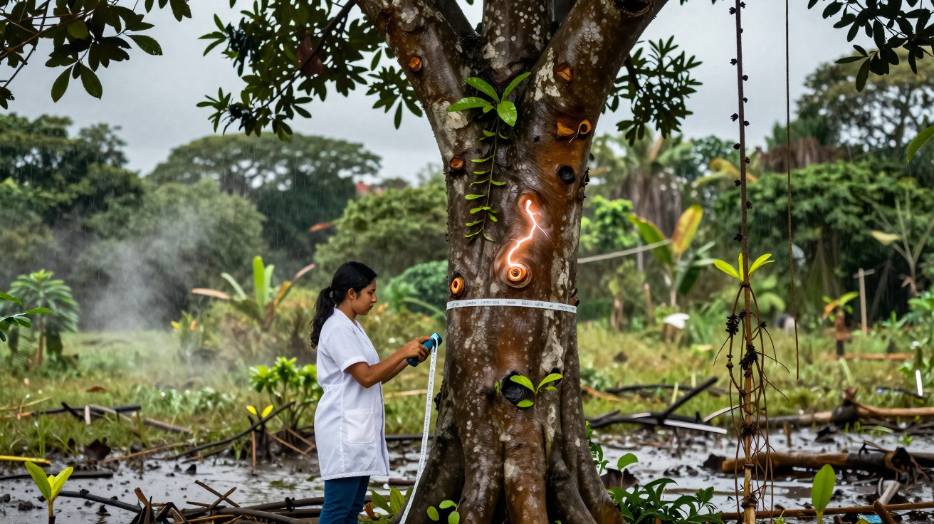 Mulher mede circunferência de árvore com fita métrica em área verde chuvosa e nublada.