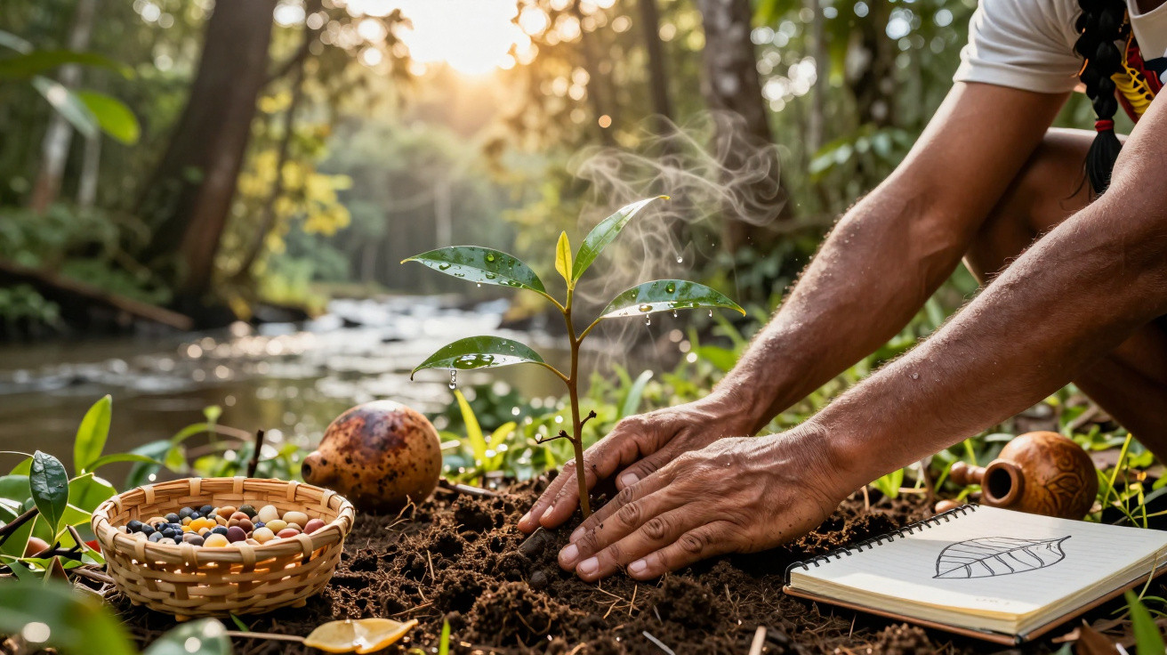 Mãos plantando muda em solo próximo a rio, com cesta de sementes e caderno com desenho de folha.