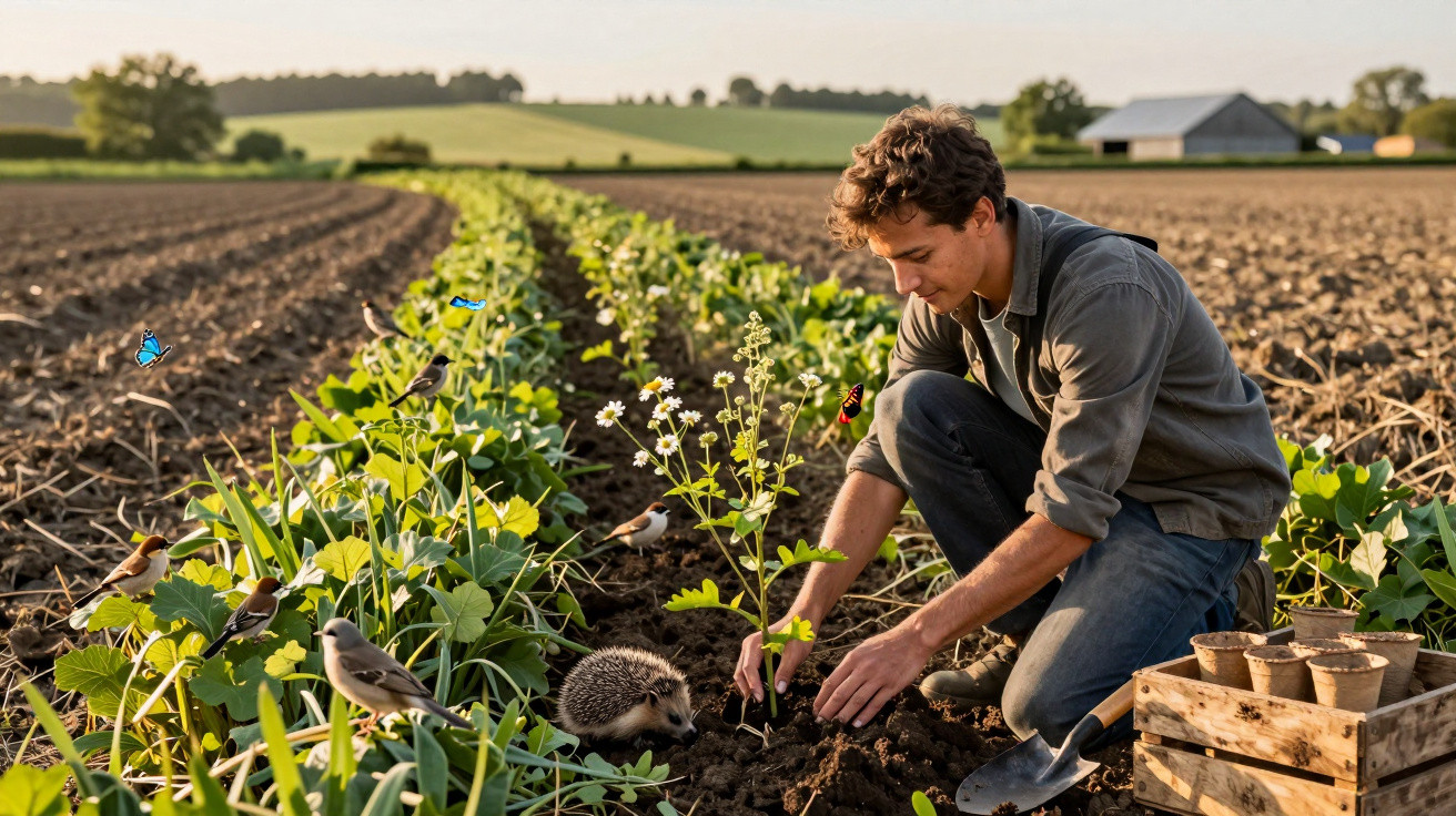 Homem planta muda em campo cultivado com pá, por perto há ouriço, pássaros e borboletas.