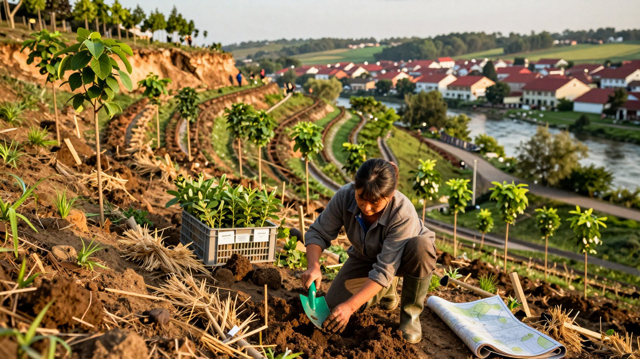 Pessoa plantando mudas em terreno inclinado com trilhos de trem e casas ao fundo, em área rural.
