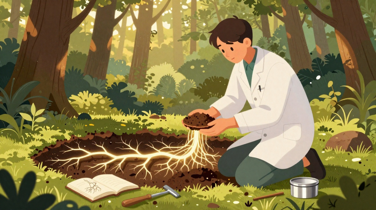 Cientista analisando raiz luminosa no solo da floresta, cercado de plantas e ferramentas de pesquisa.