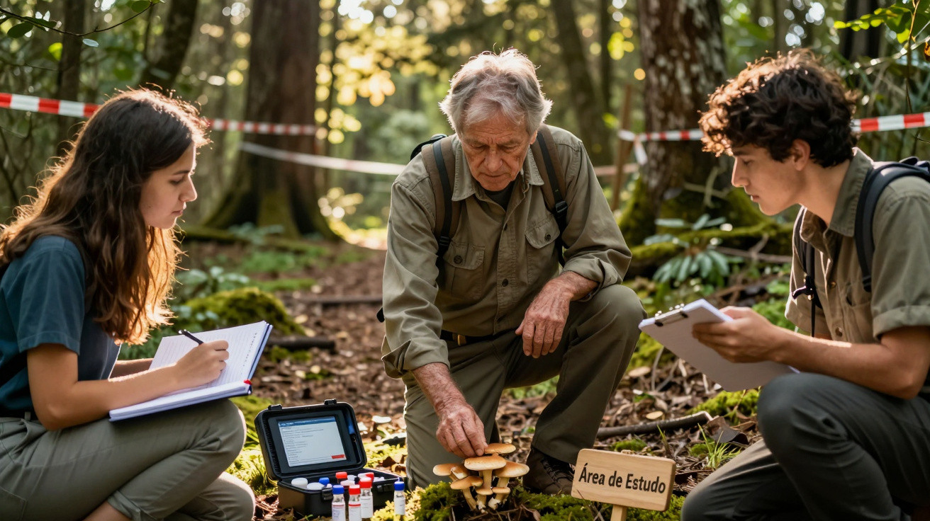 Três pesquisadores analisando cogumelos em área de estudo no meio da floresta, com anotações e equipamentos.