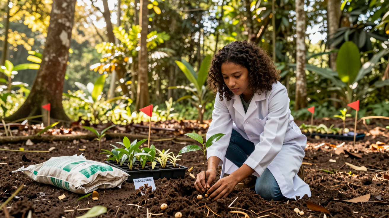 Mulher de jaleco branco planta mudas em solo de área florestal com marcadores vermelhos ao redor.