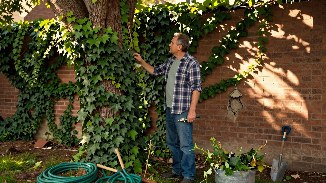 Homem cuidando de plantas trepadeiras verdes em árvore ao lado de parede de tijolos no jardim.