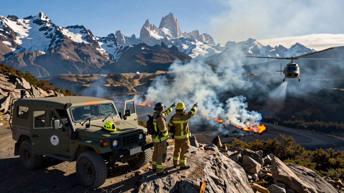 Bombeiros observam helicóptero combatendo incêndio em área montanhosa com pico nevado ao fundo.