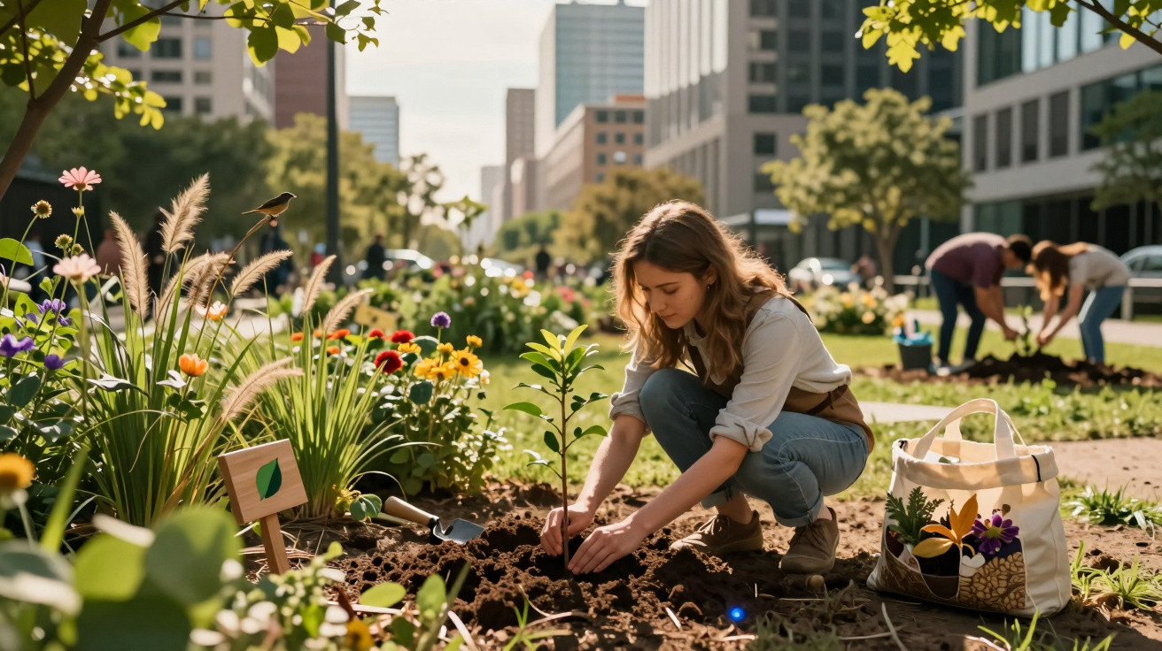 Mulher plantando muda em jardim urbano com flores e prédios ao fundo em dia ensolarado.