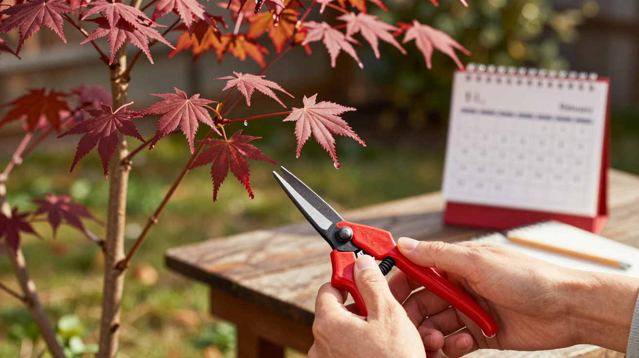 Mãos segurando tesoura vermelha para podar folhas vermelhas de árvore ao lado de mesa com calendário.