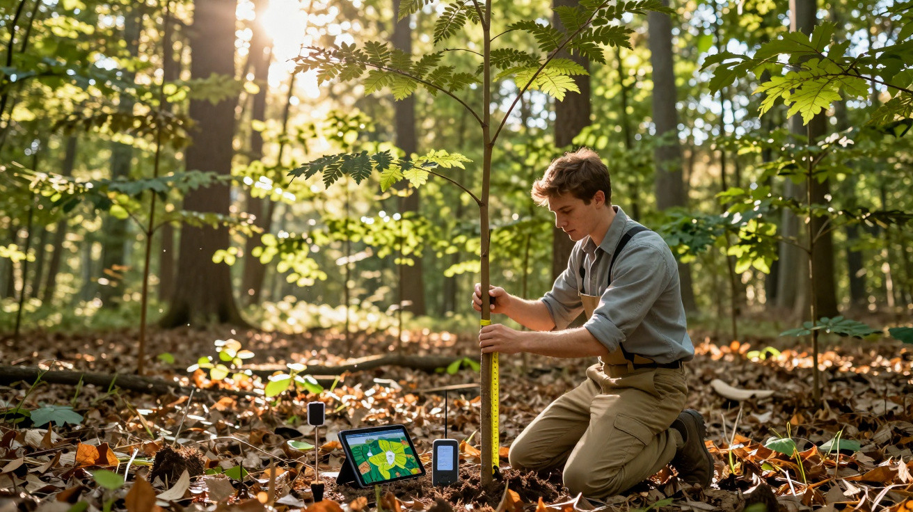Jovem medindo altura de árvore em floresta com tablet e dispositivo eletrônico ao lado.