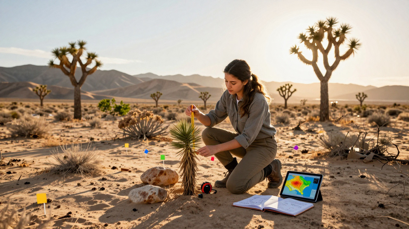 Mulher cientista medindo planta no deserto com notebook e caderno ao lado durante pôr do sol.
