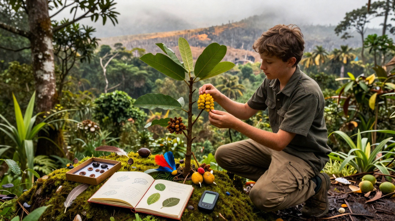 Menino examina frutos em planta pequena na floresta, com caderno aberto e equipamentos ao redor.