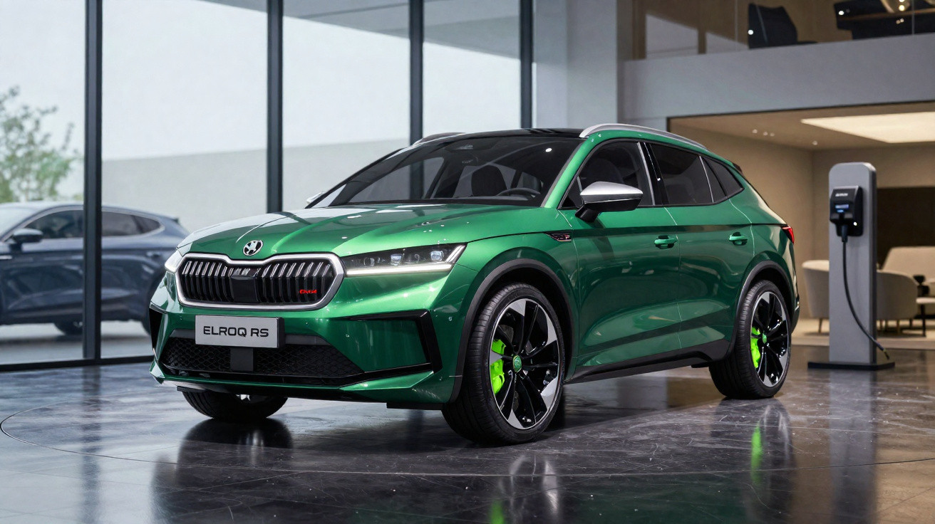 Carro verde Skoda Elroq RS estacionado em showroom moderno com carregador elétrico ao fundo.