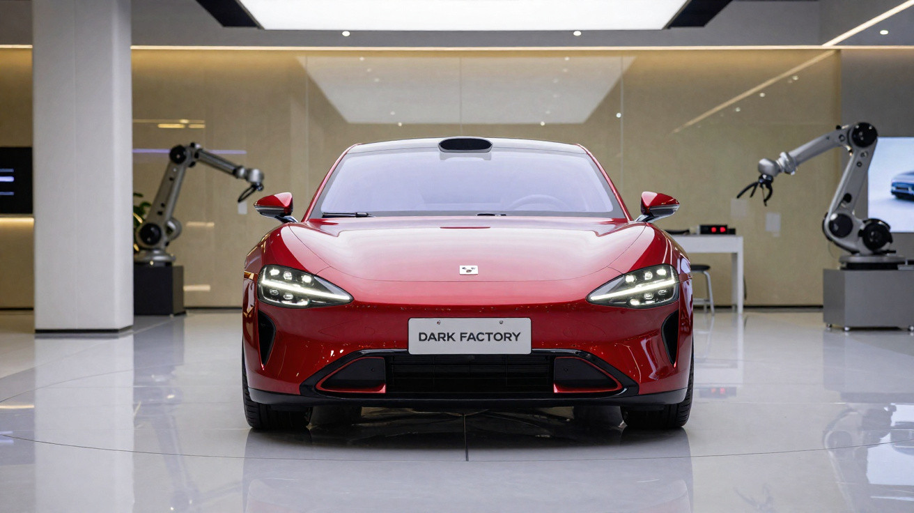 Carro esportivo vermelho elétrico exibido em showroom moderno com braços robóticos ao fundo.