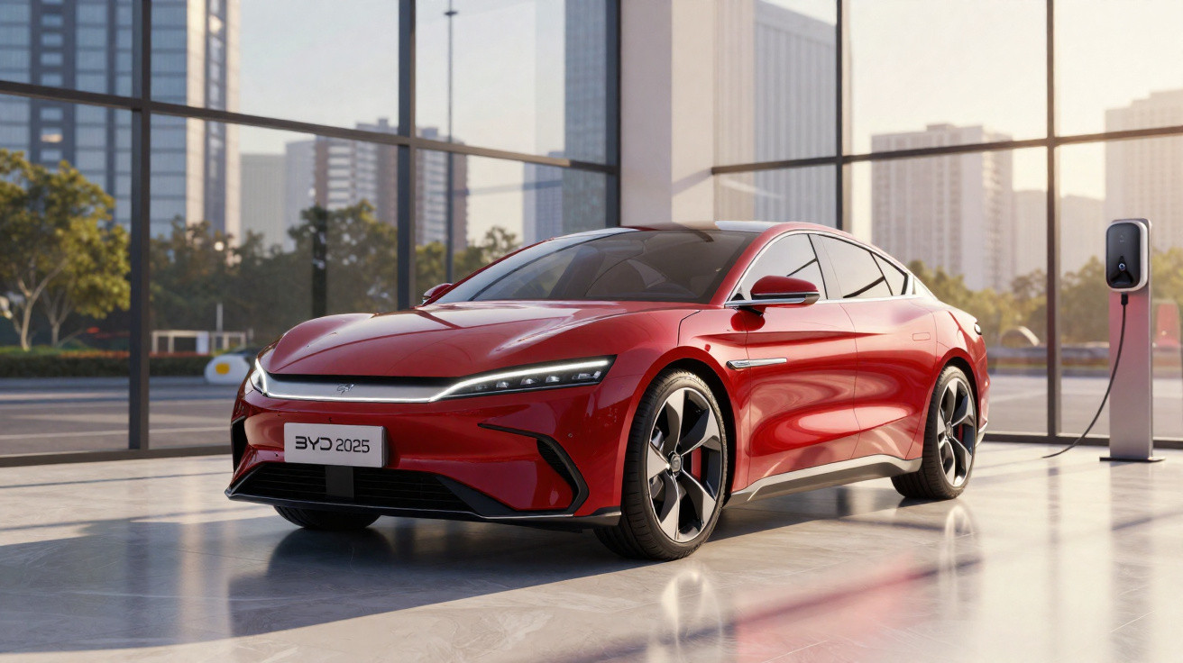 Carro elétrico vermelho BYD 2025 estacionado em showroom moderno com parede de vidro e estação de recarga.