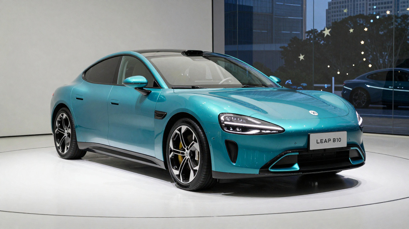 Carro elétrico azul LEAP B10 em exposição sobre plataforma branca em ambiente moderno.