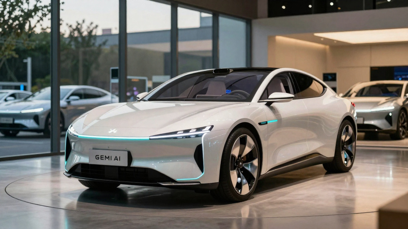 Carro elétrico branco futurista estacionado em showroom moderno com grandes janelas de vidro.