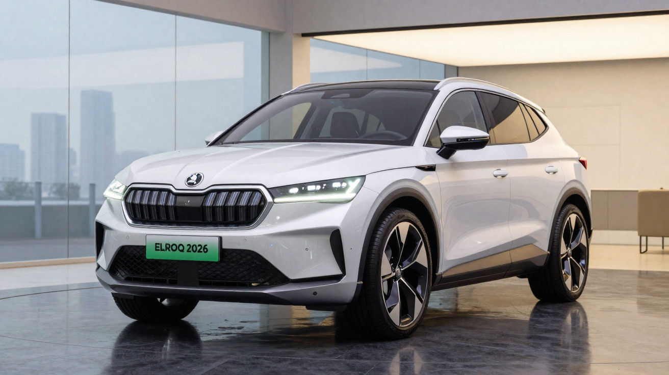 Carro elétrico branco Skoda Elroq 2026 estacionado em ambiente moderno com janelas de vidro.