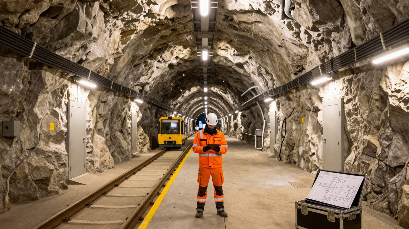 Trabalhador de mineração em túnel subterrâneo com trem amarelo e planta arquitetônica em maleta.