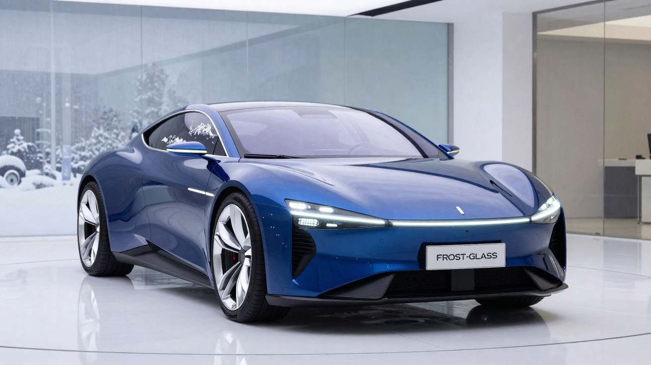 Carro esportivo elétrico azul Frost-Glass em showroom moderno com teto solar e rodas grandes.