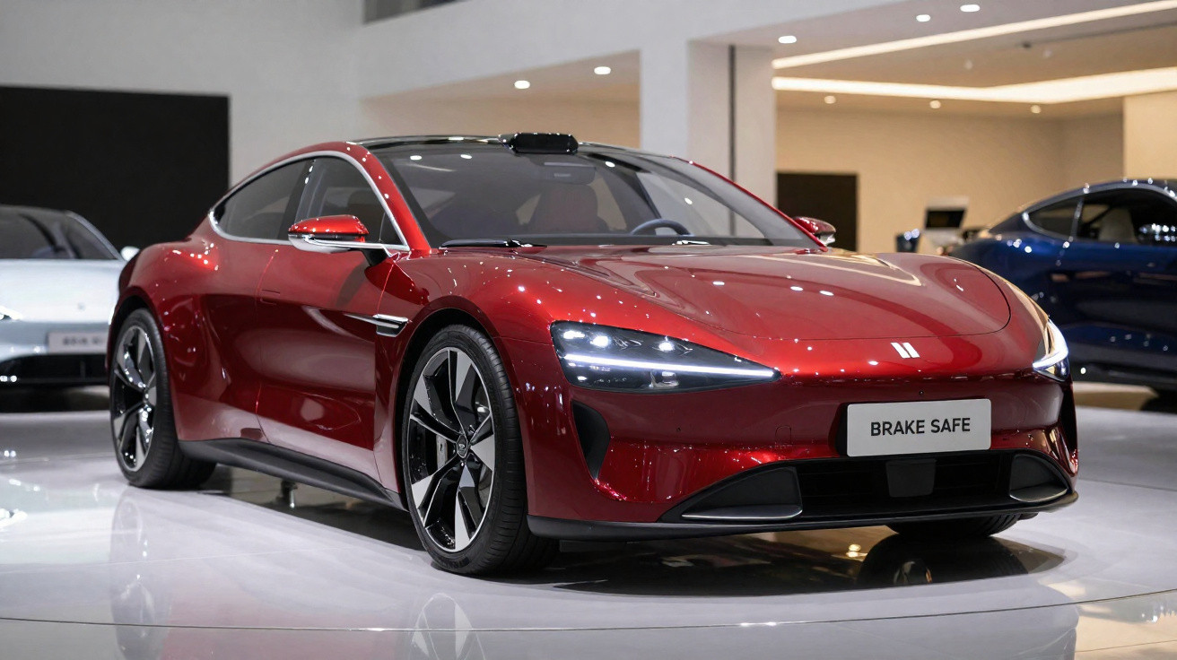 Carro esportivo vermelho com faróis acesos em exposição interna, placa dianteira com texto "BRAKE SAFE".