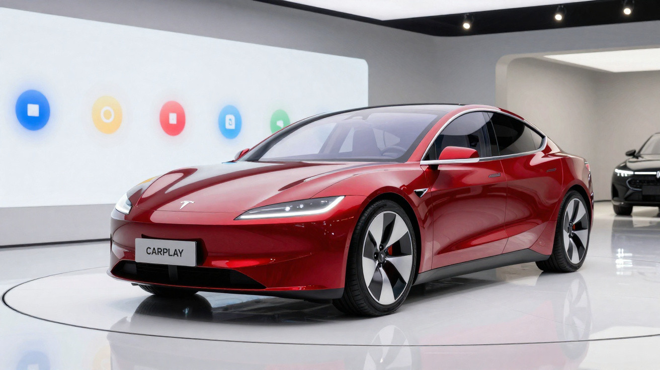 Carro elétrico Tesla vermelho exposto em showroom moderno com luzes de LED coloridas ao fundo.