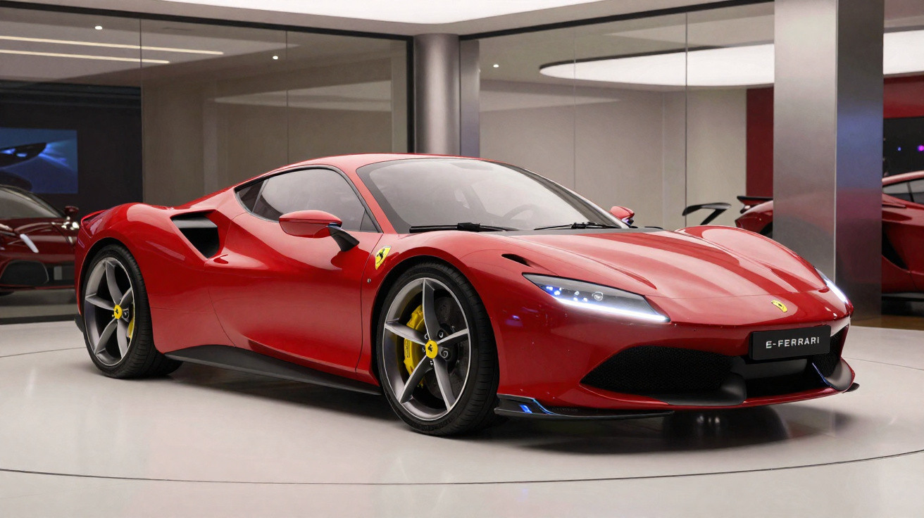 Carro esportivo Ferrari vermelho brilhante em exposição interna com rodas prata e freios amarelos.