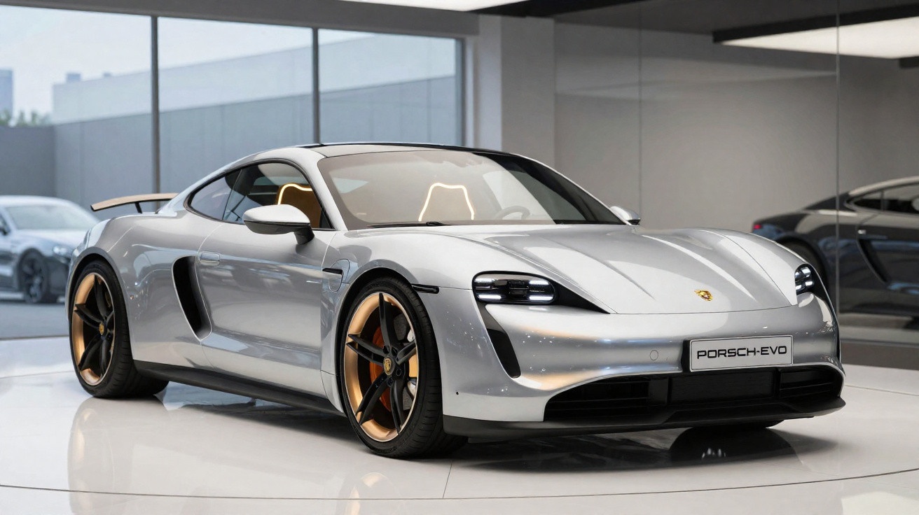 Carro esportivo Porsche EVO prata com rodas douradas em showroom moderno e iluminado.