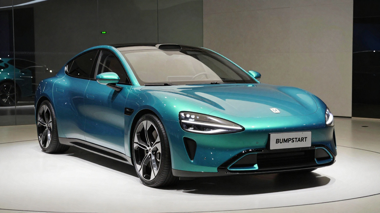 Carro elétrico esportivo verde metálico modelo Bumpstart exibido em estande moderno.