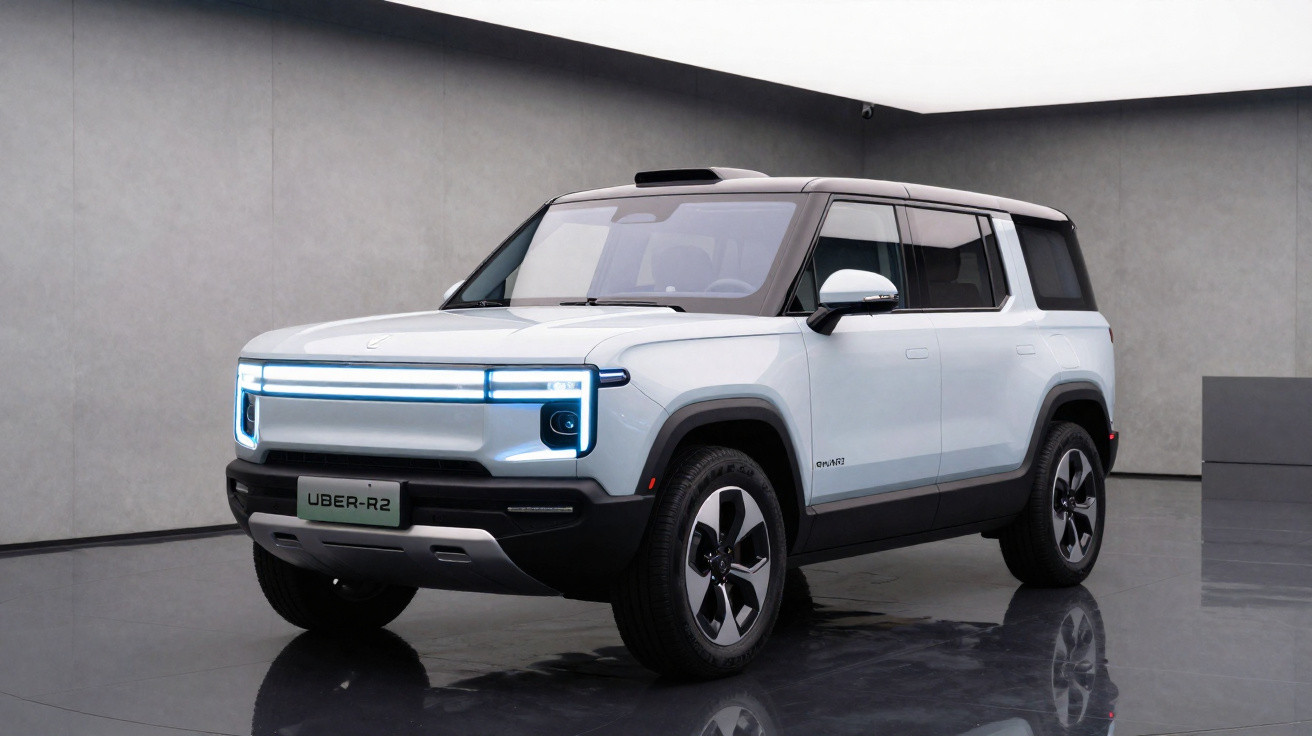 SUV elétrico branco Uber-R2 com faróis em LED em formato retangular em ambiente interno minimalista.