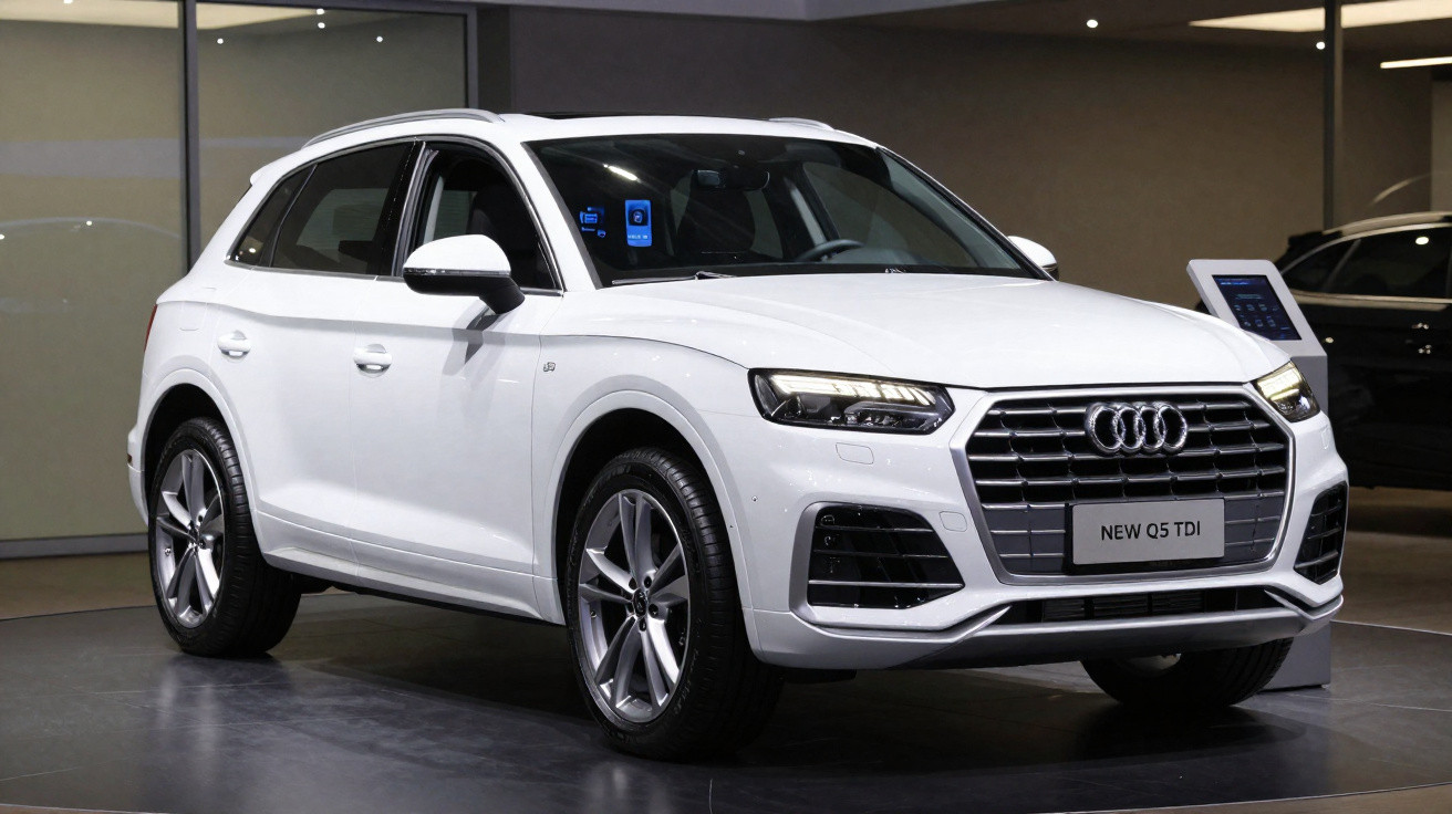 Audi Q5 TDI branco em exposição interna, vista frontal e lateral esquerda.