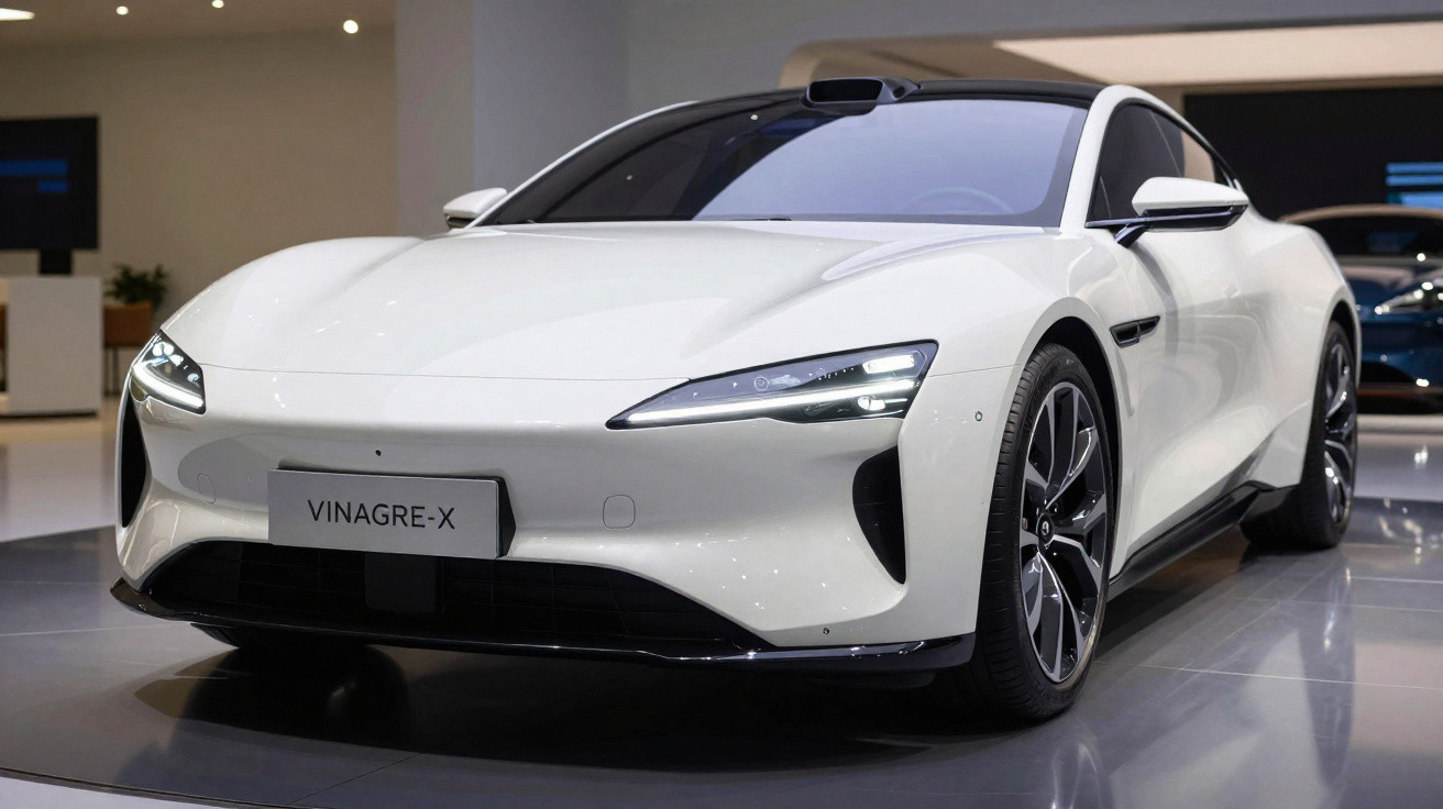 Carro branco esportivo Vinagre-X exibido em ambiente interno moderno com teto baixo e iluminação suave.