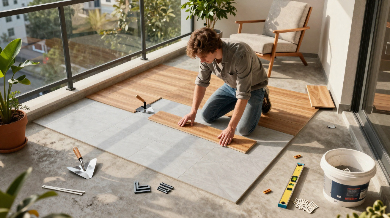 Homem ajoelhado instalando piso laminado sobre piso de cerâmica em varanda ensolarada.
