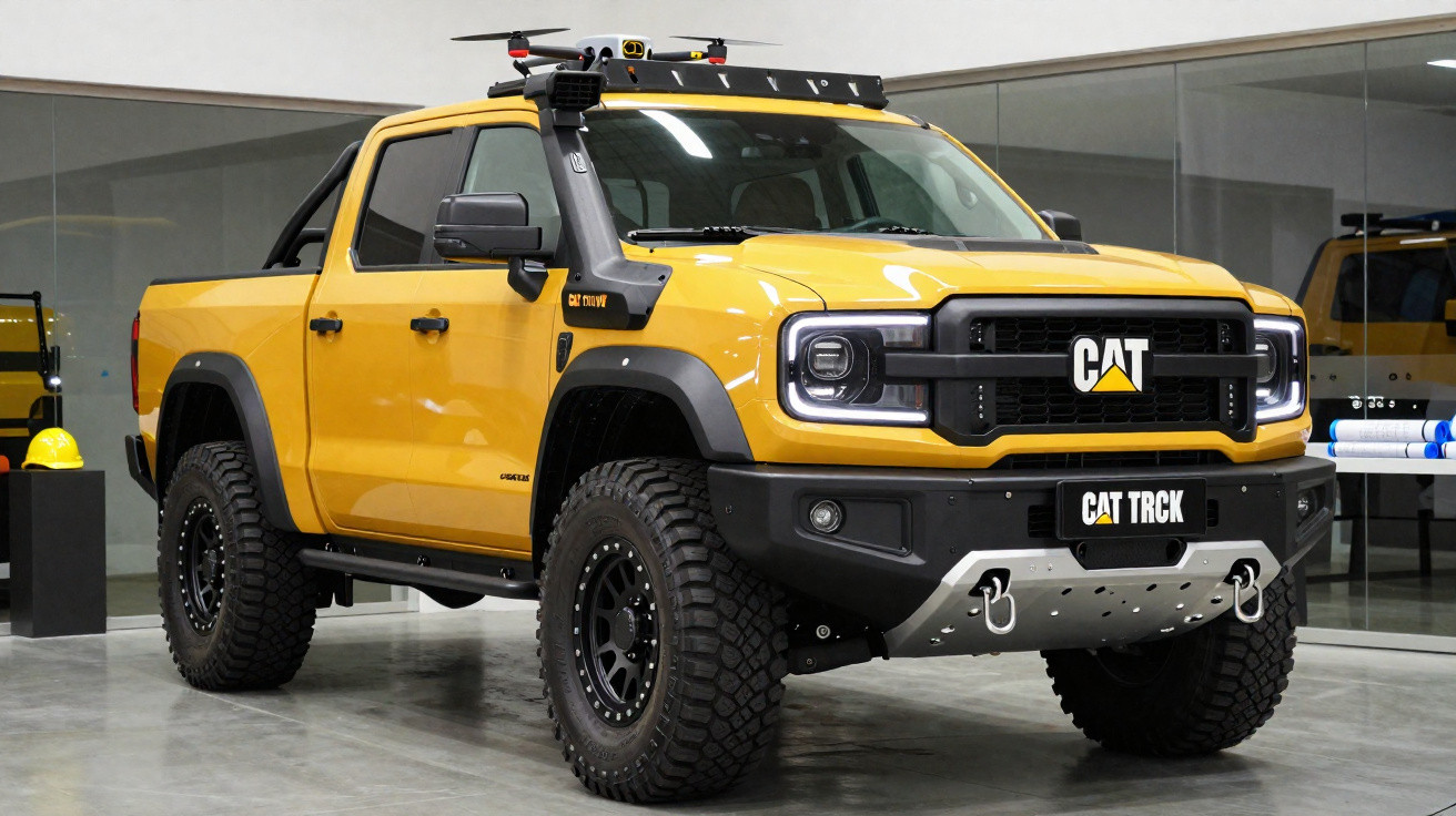 Picape amarela CAT TRK exposta em ambiente interno com teto equipado e pneus grandes off-road.